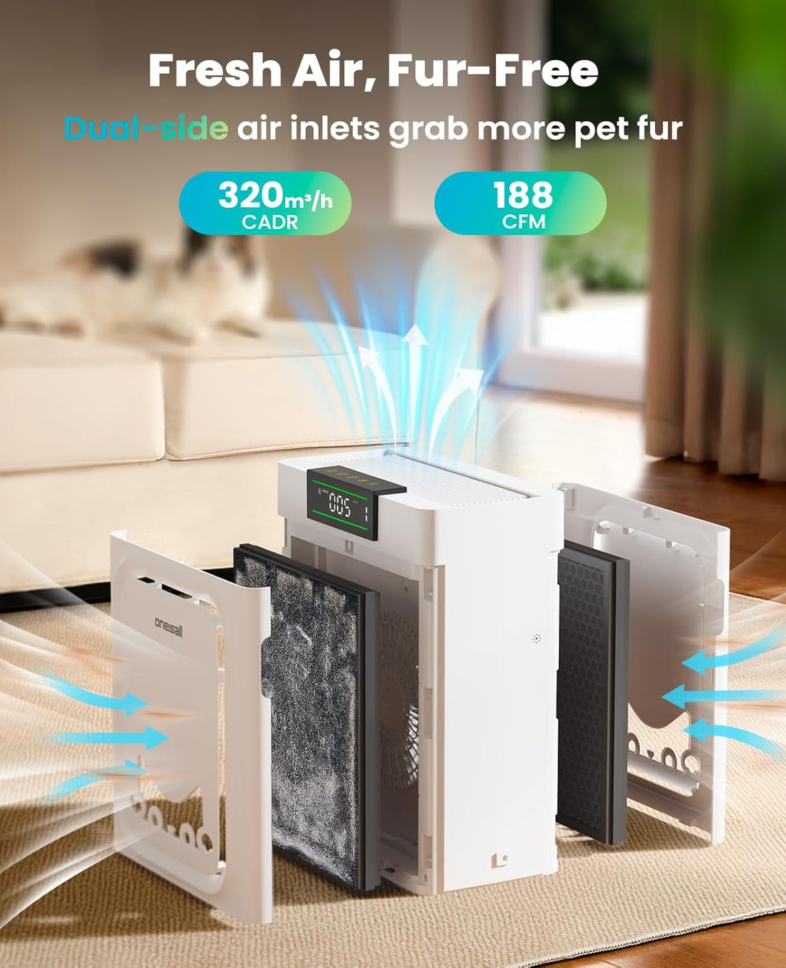 Double-Sided Air Inlet Pet Air Purifier for Home Large Room, H13 True HEPA Filter for Hair & Odors